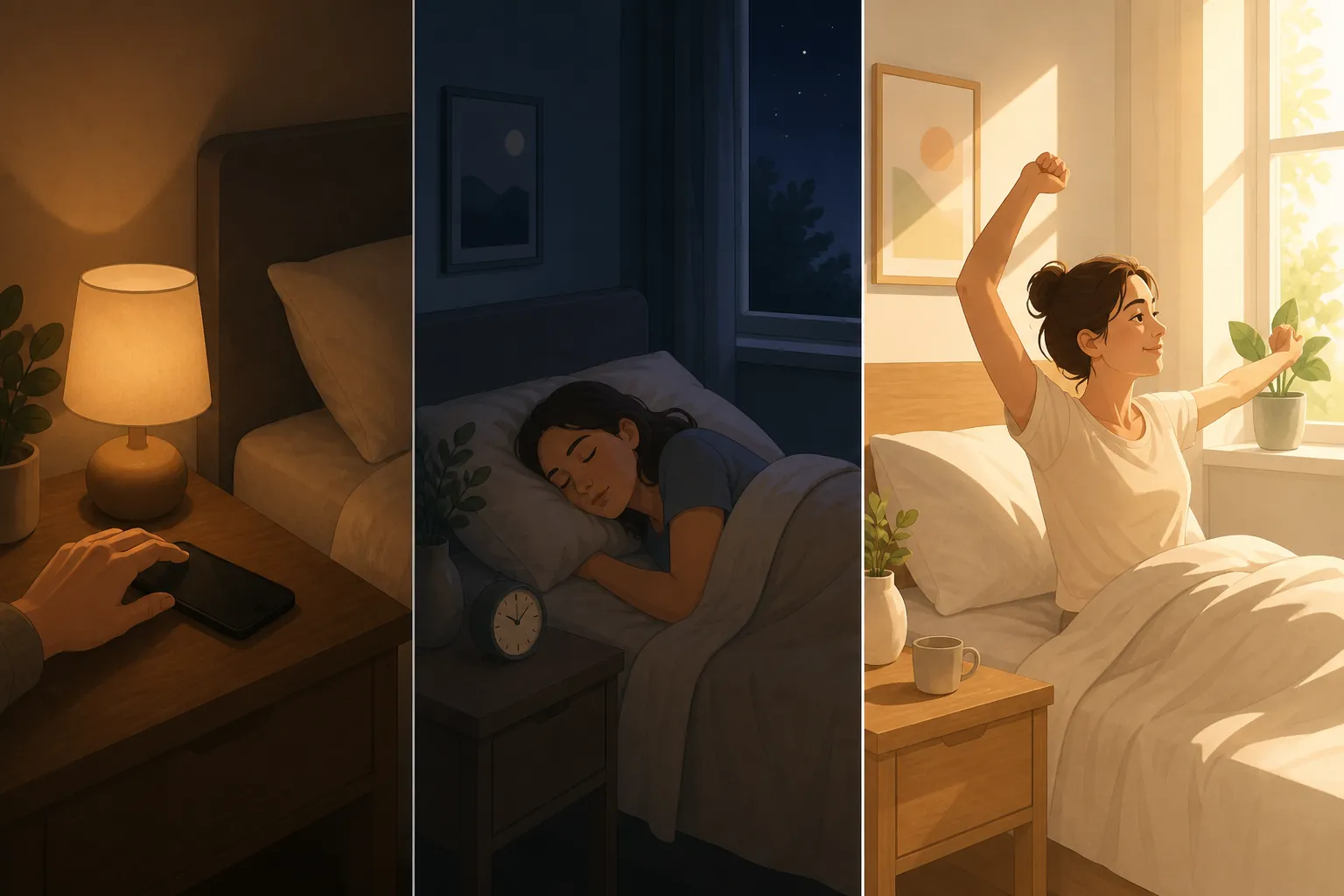 A three-panel sleep transition protocol showing a dim evening, nighttime sleep, and a bright morning wake-up