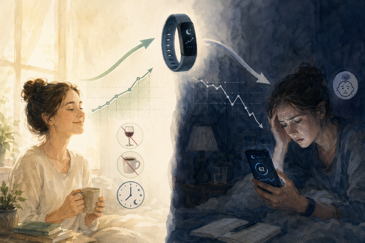 Split image showing one sleep tracker pathway leading to calm behavior change and another leading to anxious nighttime score checking