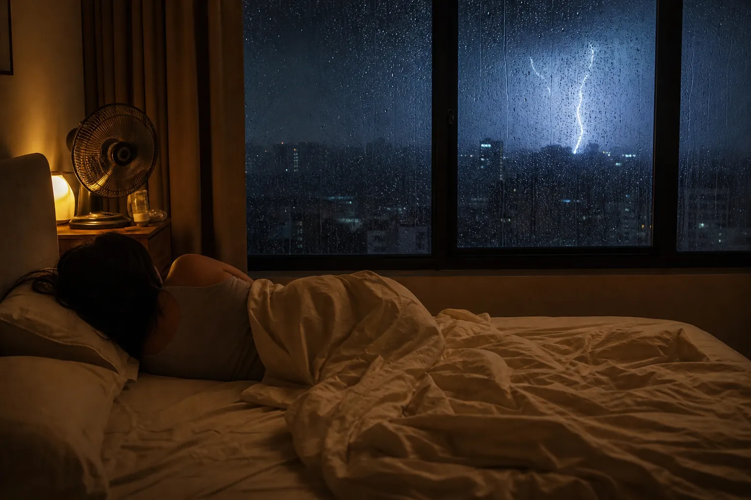Woman awake in bed during a humid monsoon storm with rain, lightning, tangled sheets, and a fan nearby