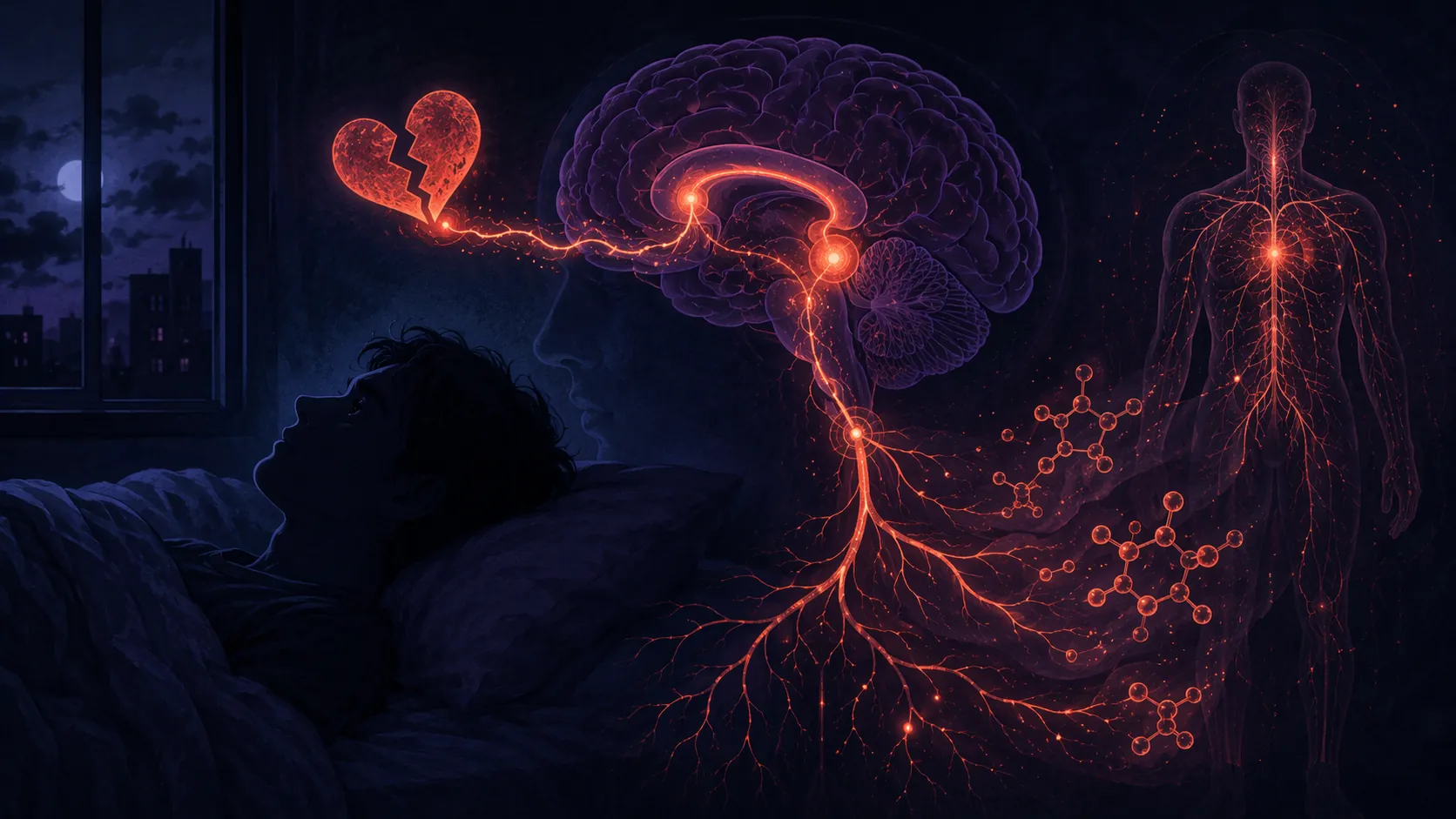 A person lying awake in bed as a glowing neural pathway connects social heartbreak, brain pain regions, cortisol, and sympathetic arousal