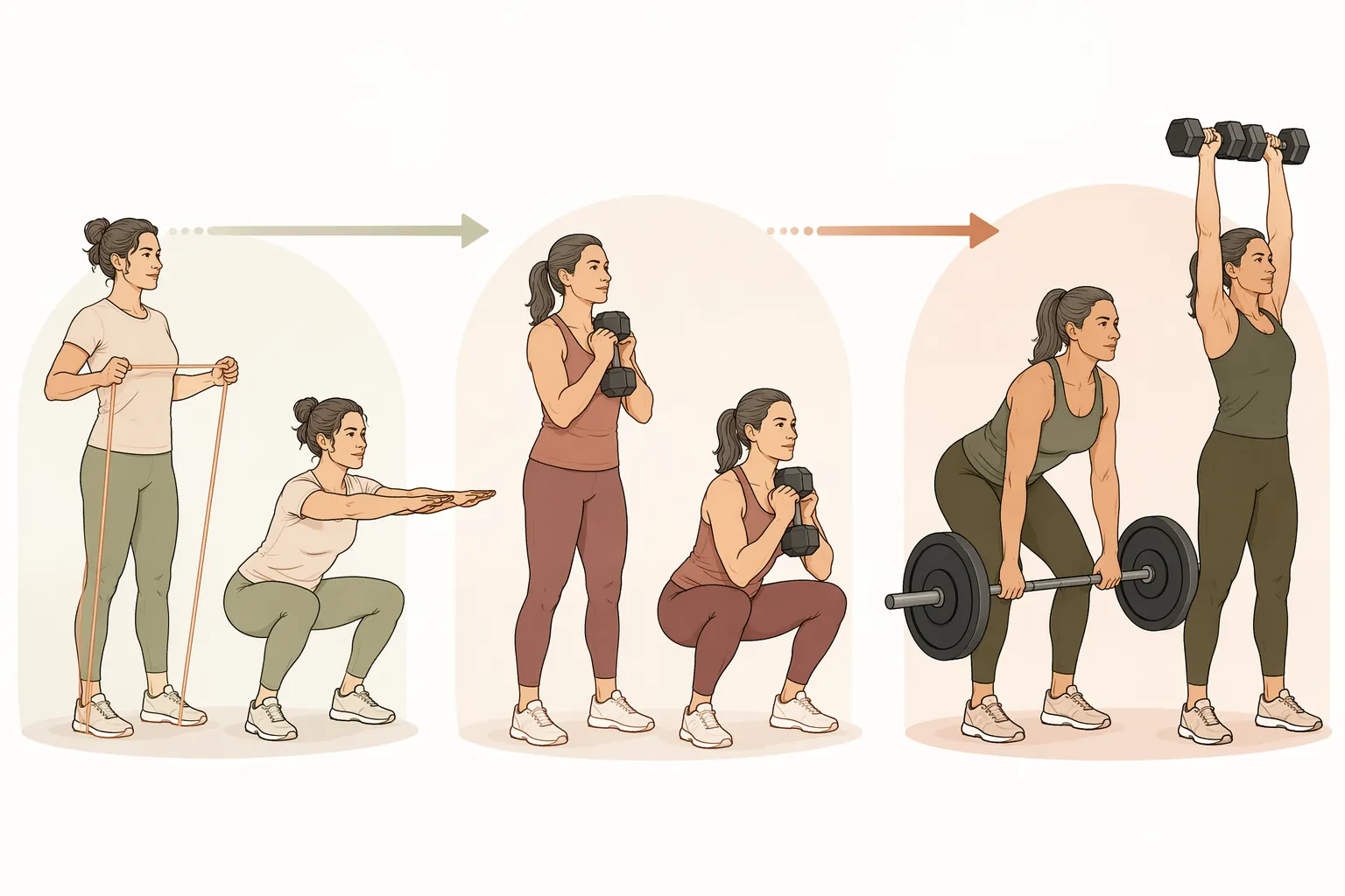 An editorial illustration showing three phases of a 12-week strength progression from bands to dumbbells to heavier lifting