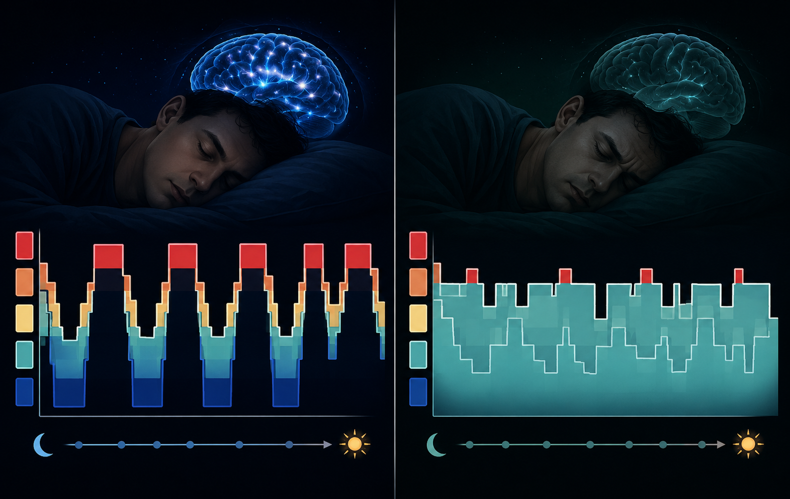 Comparison of healthy sleep cycles with opioid-affected sleep showing less deep sleep and REM sleep