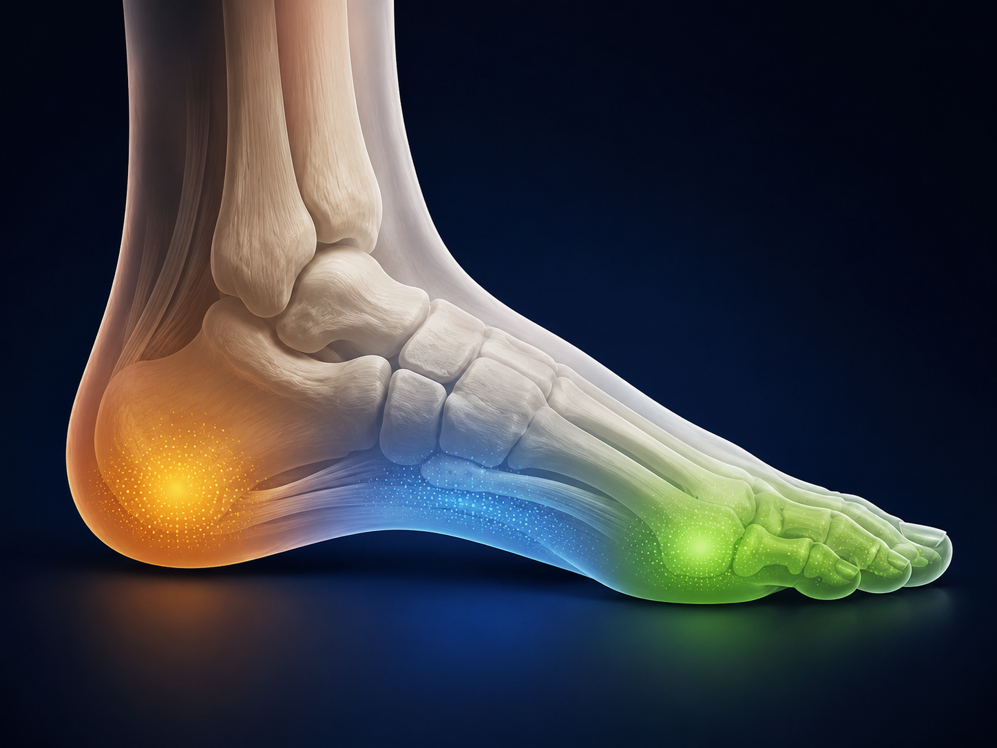 Medical-style illustration of common foot pain zones at the heel, arch, ball of the foot, and toes