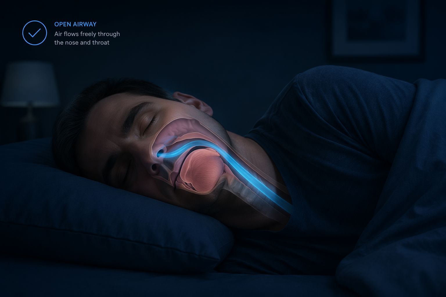 Person sleeping on their side with an open airway highlighted
