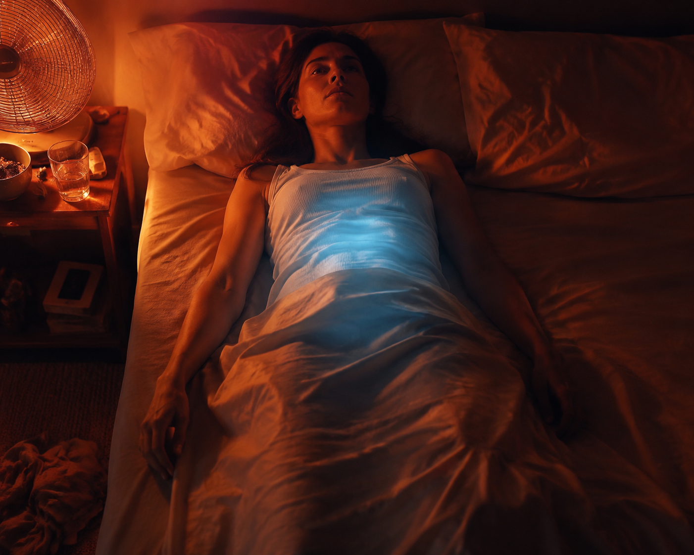 Person lying in a warm bedroom while the body attempts to cool for sleep