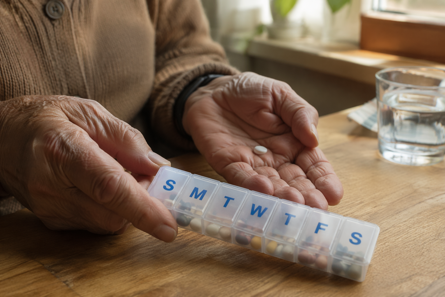 Older adult holding a white pill above a weekly pill organizer on a kitchen table