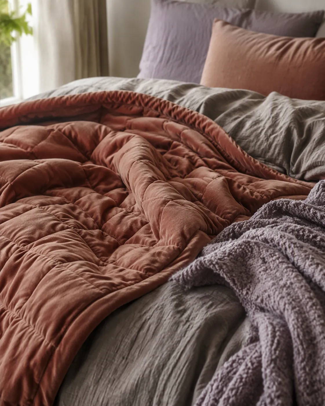 A bed layered with a thick weighted blanket, textured duvet, and dusty lavender throw