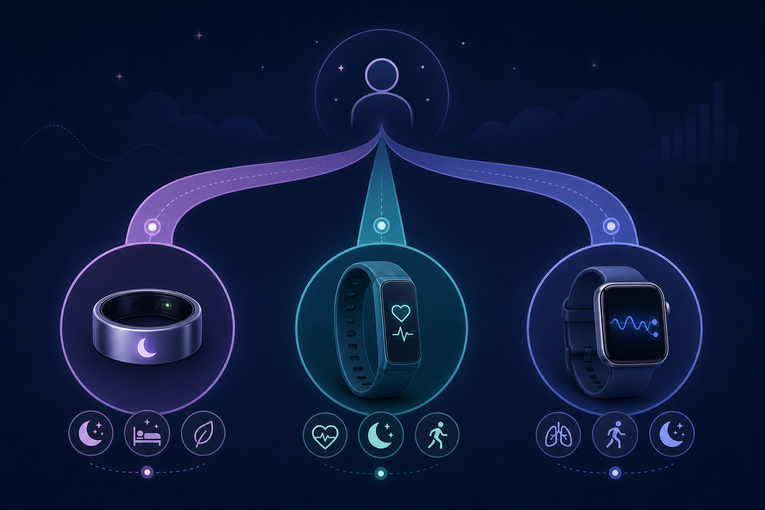 A decision framework illustration with three branching paths on a deep navy background with soft lavender and teal accents, showing a ring icon for sleep-first tracking, a wristband for balanced fitness and sleep, and a smartwatch for all-day use.
