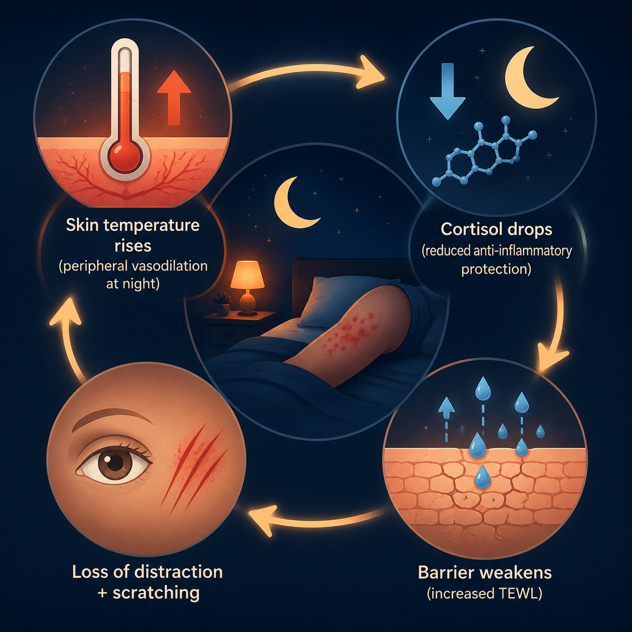 Editorial diagram showing nighttime itch drivers: rising skin temperature, falling cortisol, weakening skin barrier, and reduced distraction leading to scratching