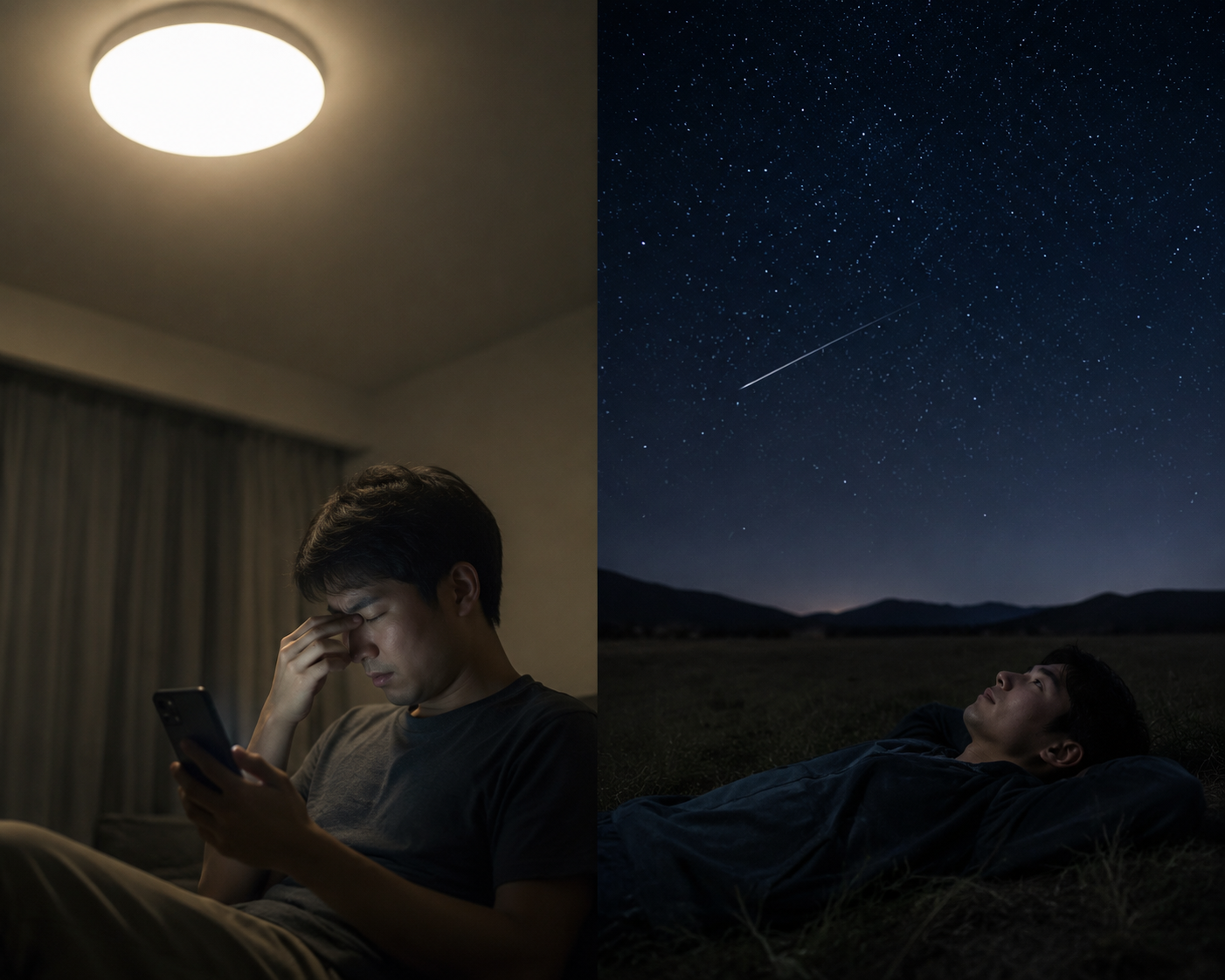 Split scene comparing bright indoor phone use with relaxed viewing under a dark starry sky