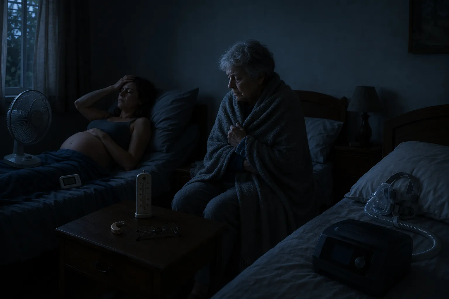 Dim bedroom during a power outage showing a pregnant person near a powerless fan, an older adult with glasses and hearing aid nearby, and an unlit CPAP machine
