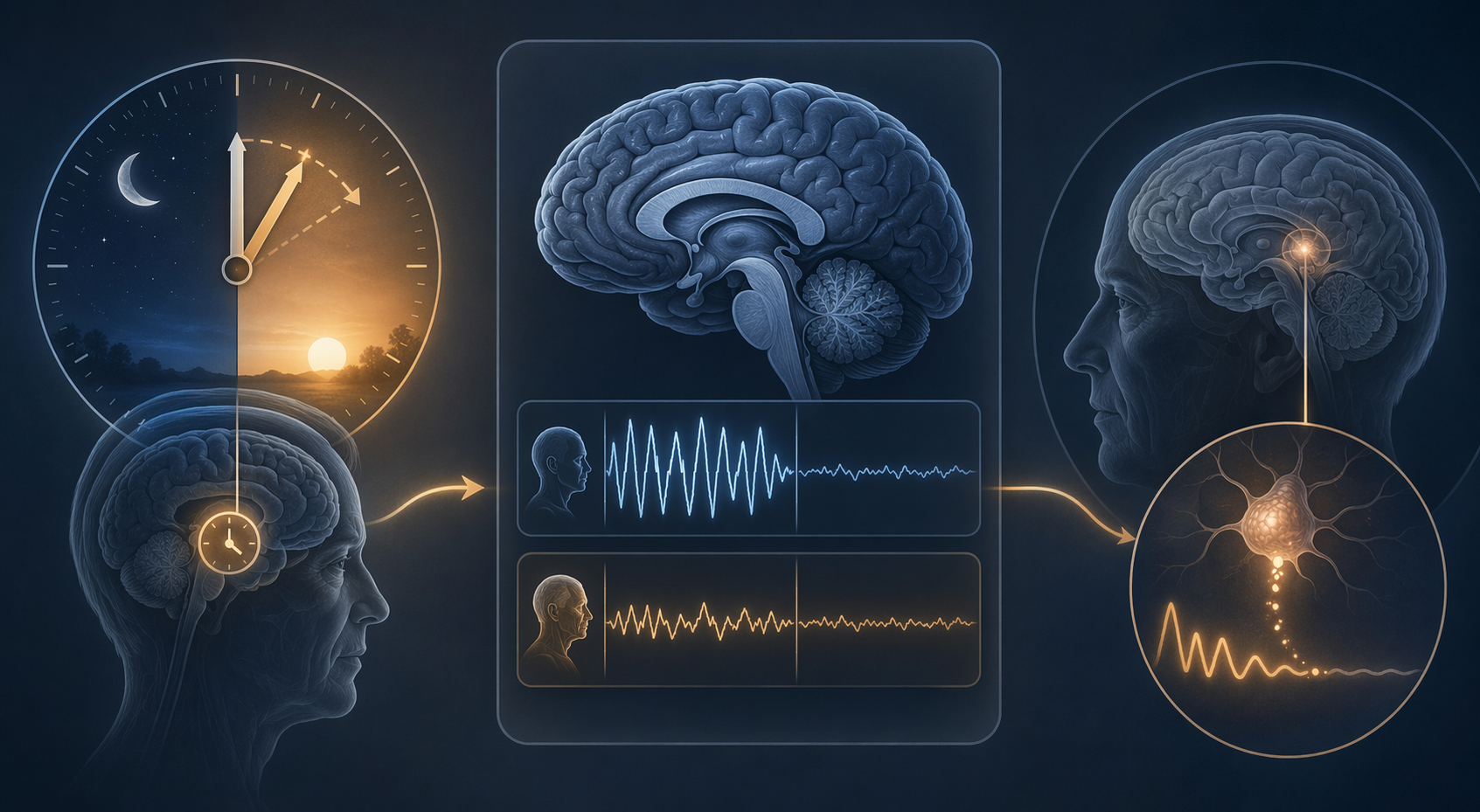 Three-panel medical illustration of age-related sleep changes: shifted circadian clock, reduced slow-wave brain activity, and diminished melatonin signal