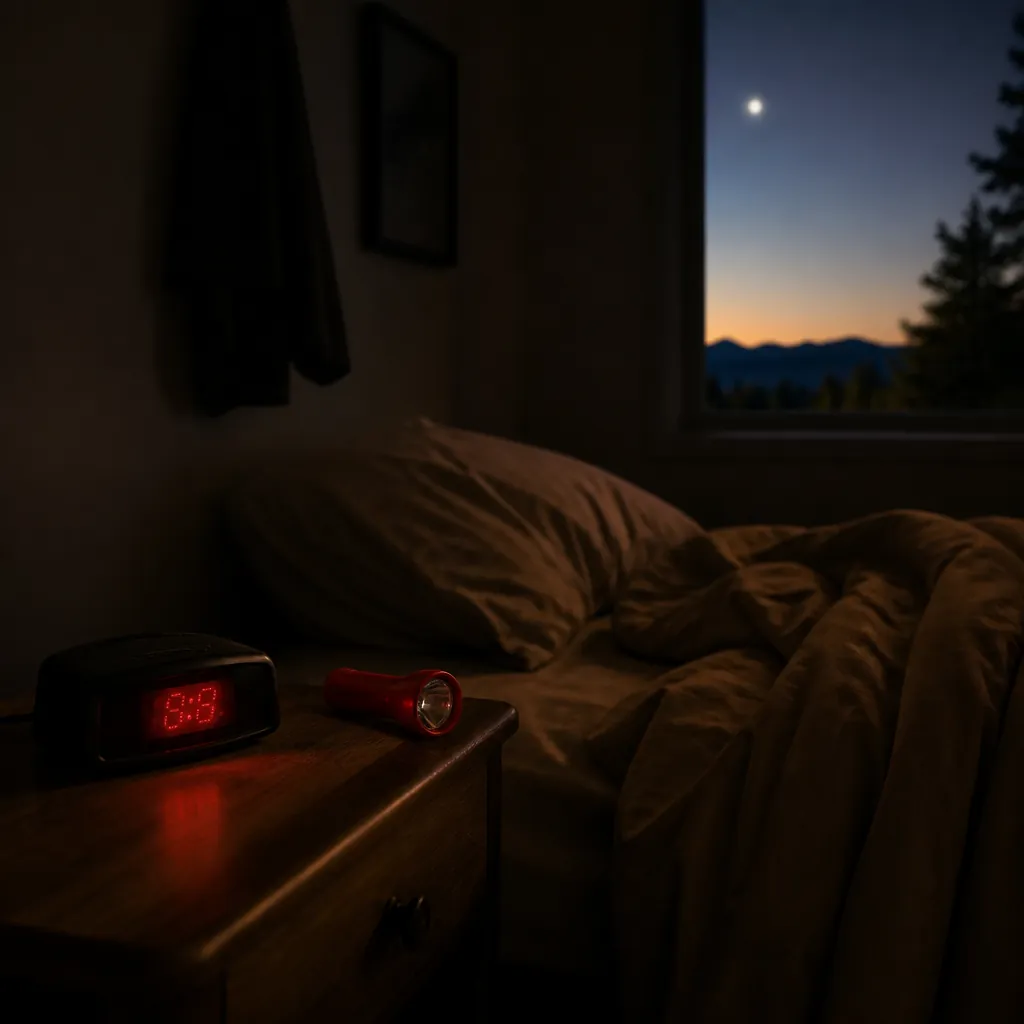 A dark bedroom with a red alarm clock display and red flashlight prepared for a short pre-dawn viewing window