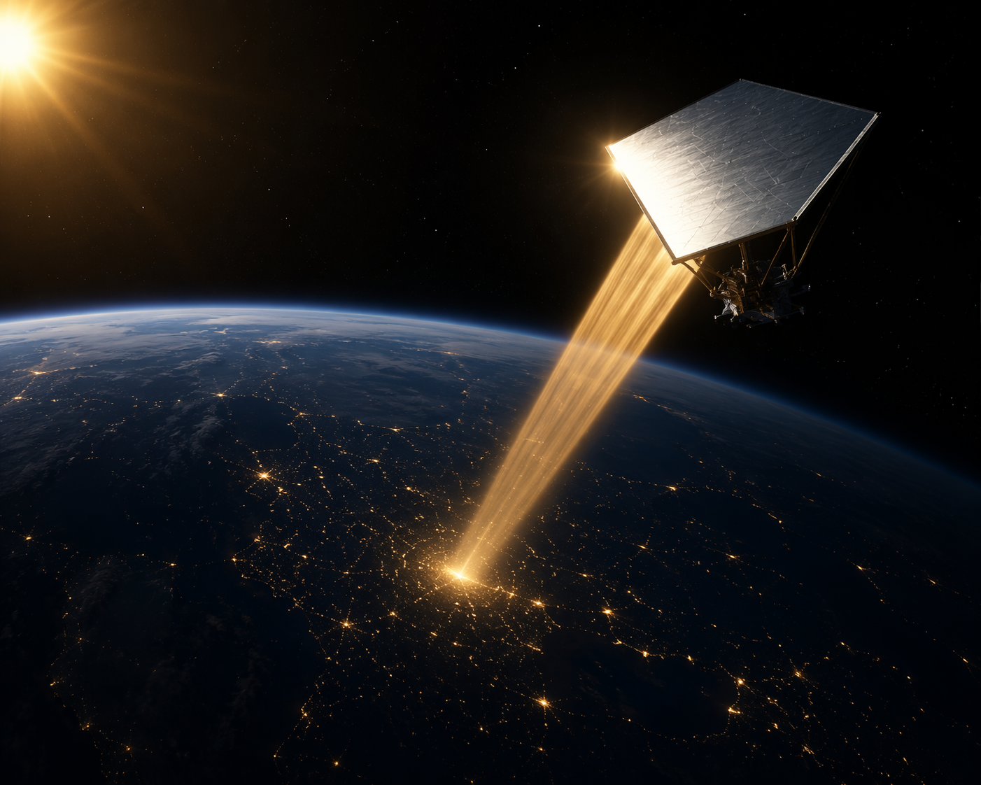 Orbital mirror satellite reflecting sunlight onto the night side of Earth
