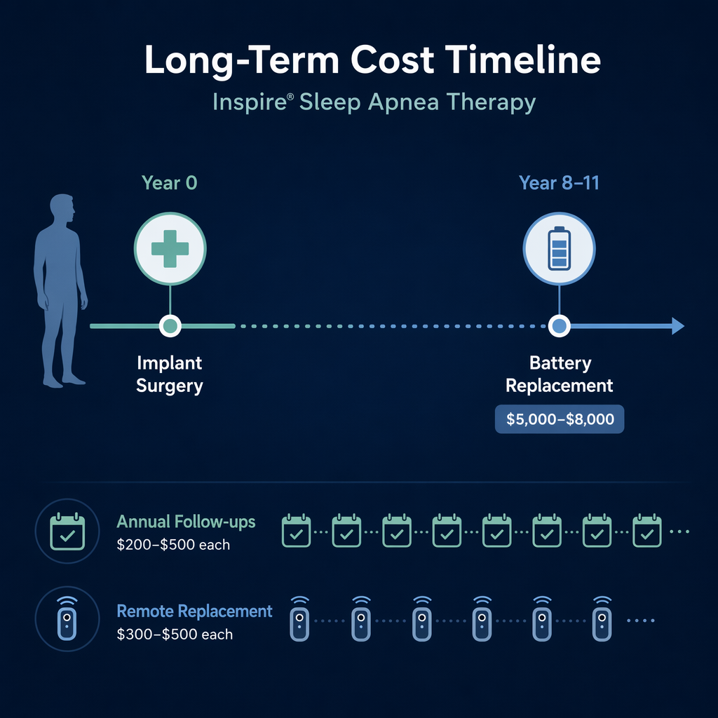 A flat vector editorial illustration on a dark navy background showing a horizontal timeline starting with a human silhouette and 'Implant Surgery' label. A dotted line extends to Year 8-11 showing a battery icon with '$5,000–$8,000' price tag. Along the bottom, recurring calendar checkmarks represent annual follow-ups with '$200–$500' and a remote device icon with '$300–$500'.