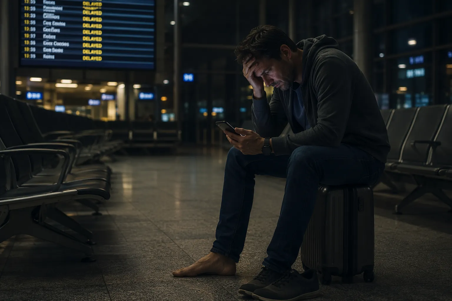 Weary traveler sitting on a suitcase in a dim airport terminal at night while checking a phone near a blurred delayed flight board