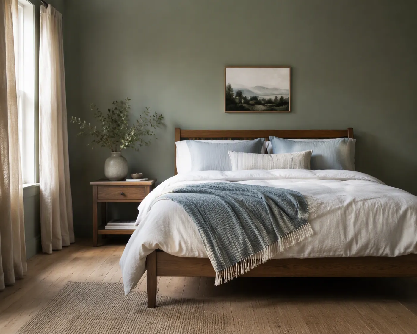 Calm cool-toned bedroom with a centrally placed wooden bed, breathable bedding, clear floors, and open space around the bed