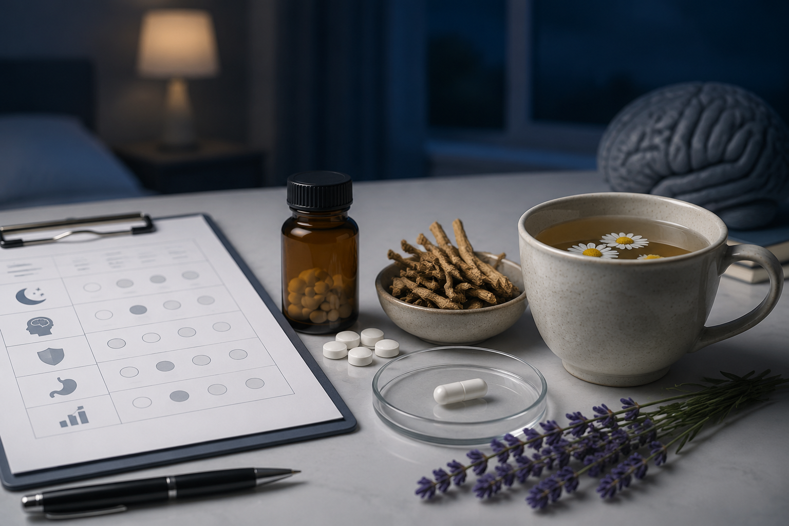 Melatonin bottle, valerian root, magnesium capsule, chamomile tea, and lavender arranged with evaluation notes under nighttime lighting