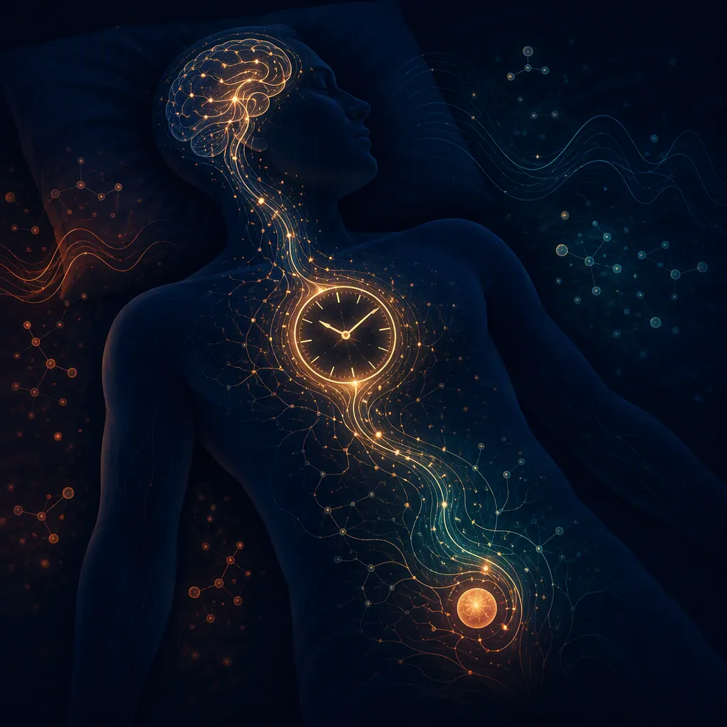 Abstract illustration of circadian and hormonal signaling during sleep.