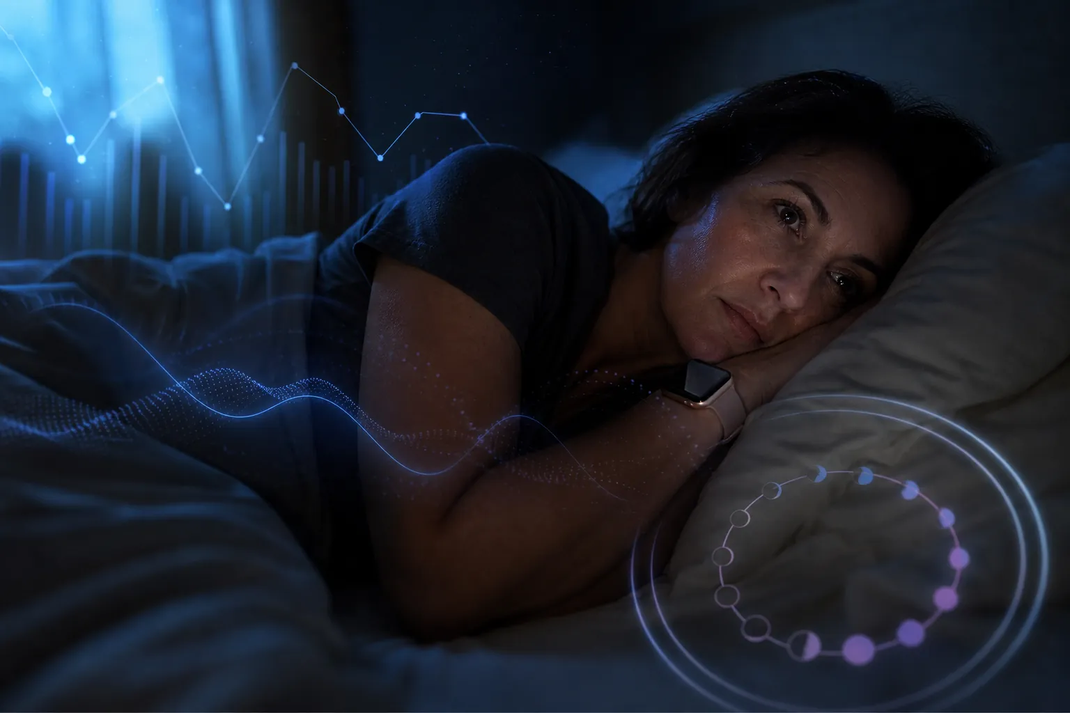 A woman awake at night wearing a glowing smartwatch as abstract sleep, temperature, and cycle-tracking patterns surround her