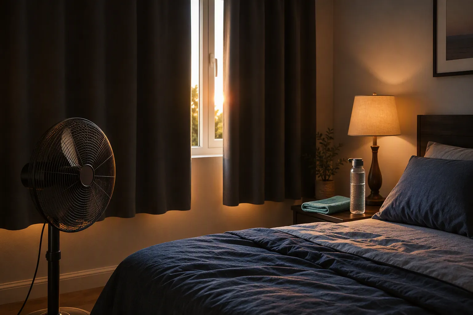 Bedroom arranged to stay cooler without air conditioning with blackout curtains, floor fan, cooling towel, water bottle, and slightly open window