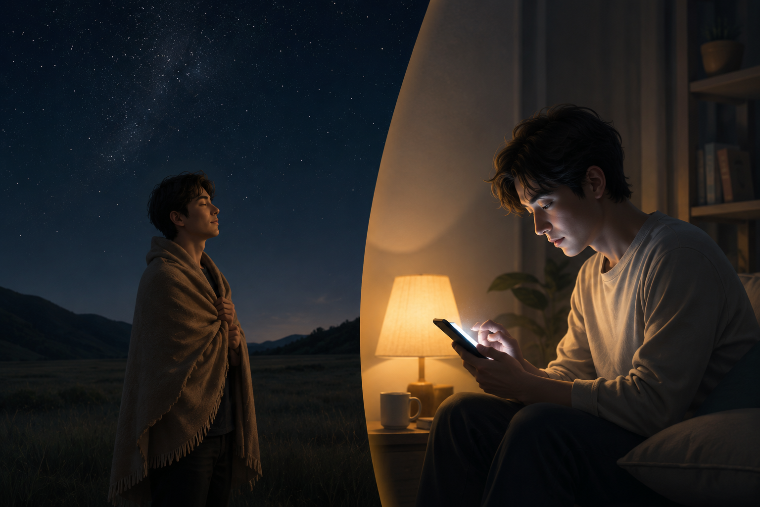 Comparison of a person in a dark stargazing field and the same person indoors with bright lights and a phone