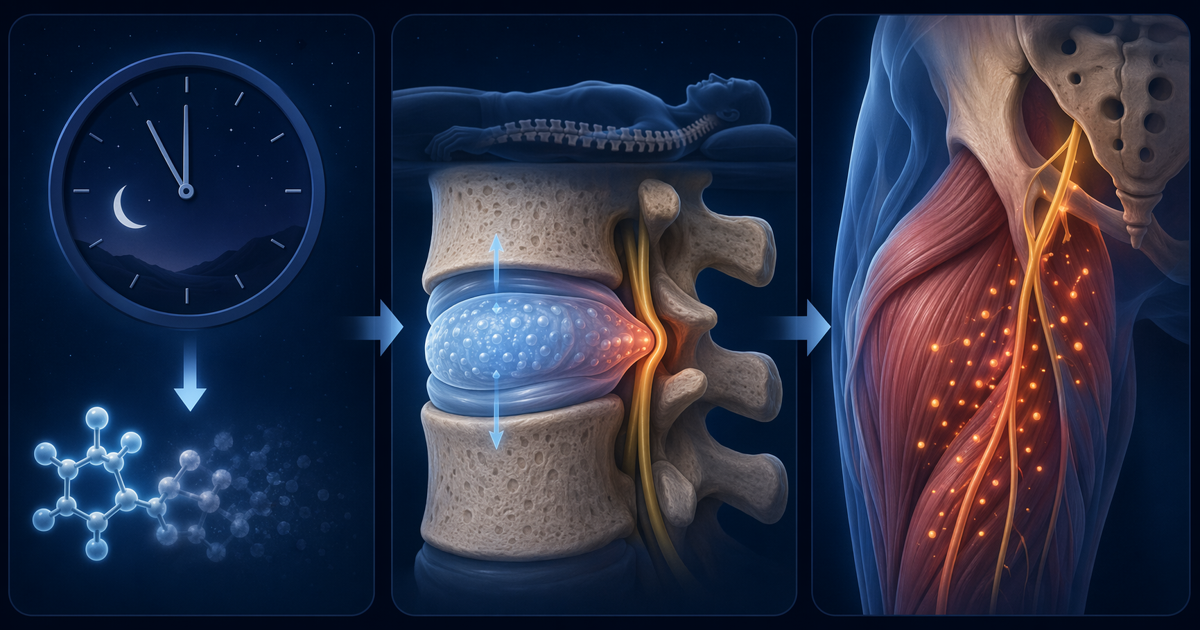 Three nighttime mechanisms for sciatica pain: cortisol drop, disc expansion, and inflammatory buildup in still tissues