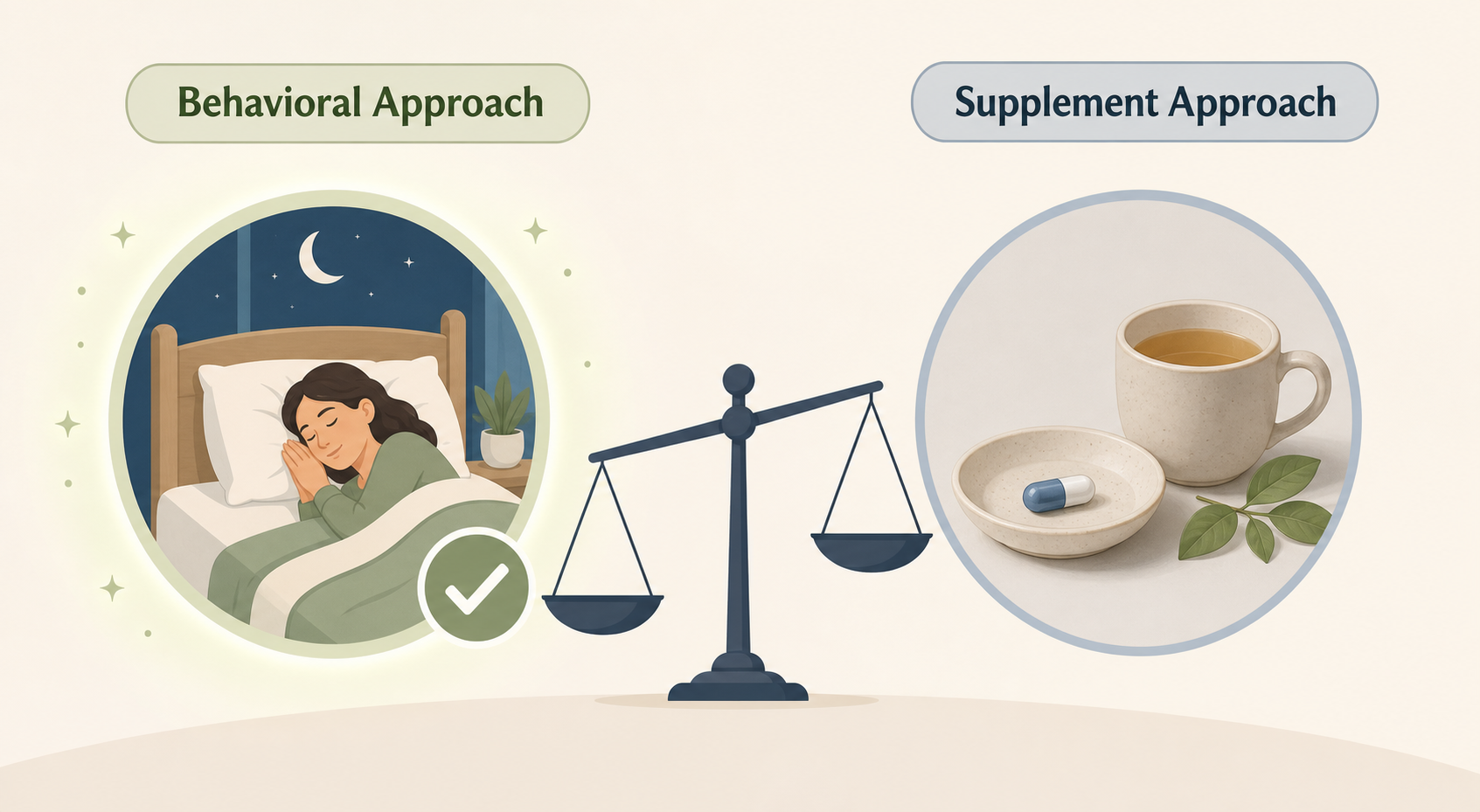 A comparison visual showing a behavioral approach on the left with a sleeping person and checkmark, and a supplement approach on the right with a capsule and tea cup. A scale icon tips toward the behavioral side.