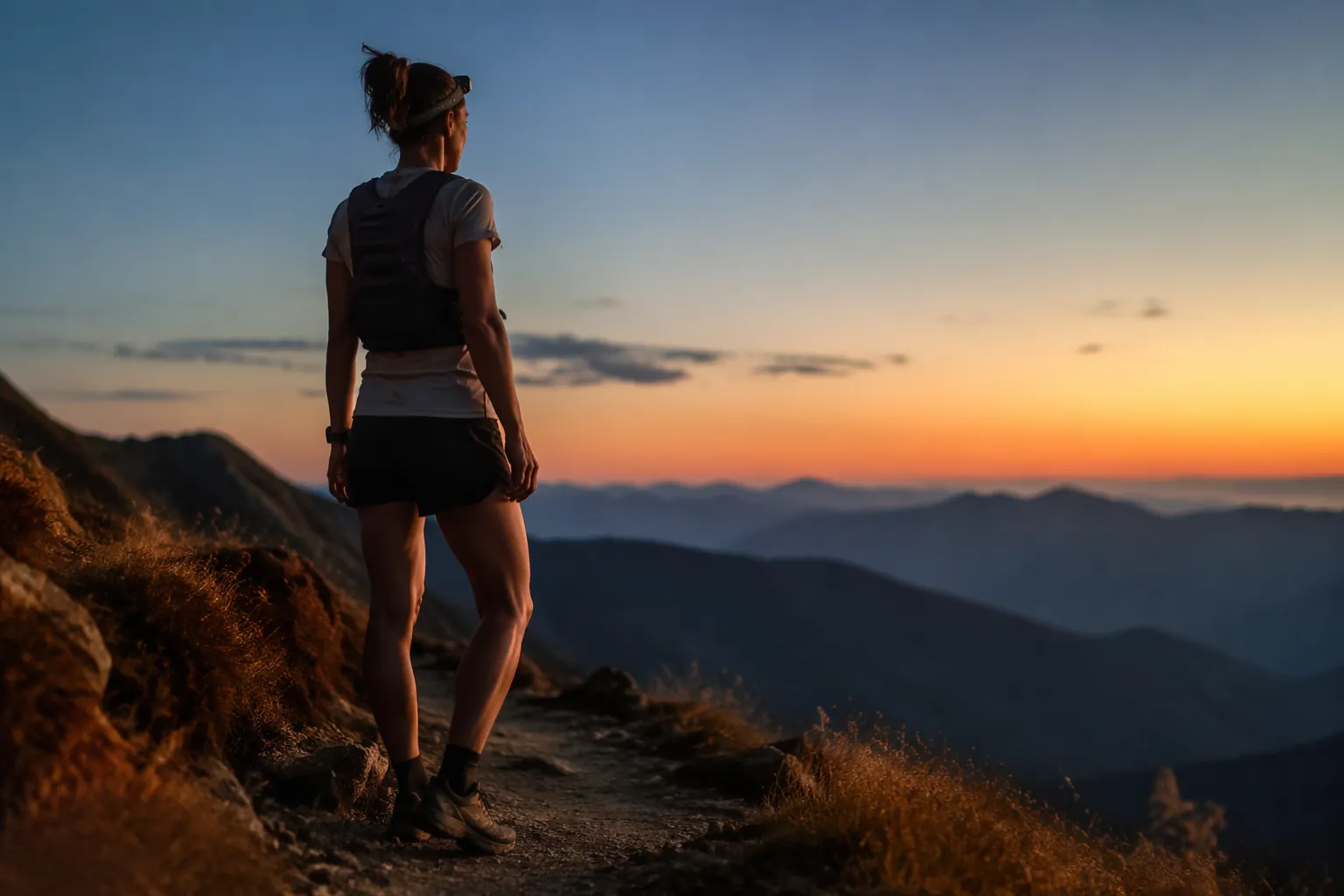 Trail runner with headlamp standing on a mountain trail at twilight before an overnight endurance effort