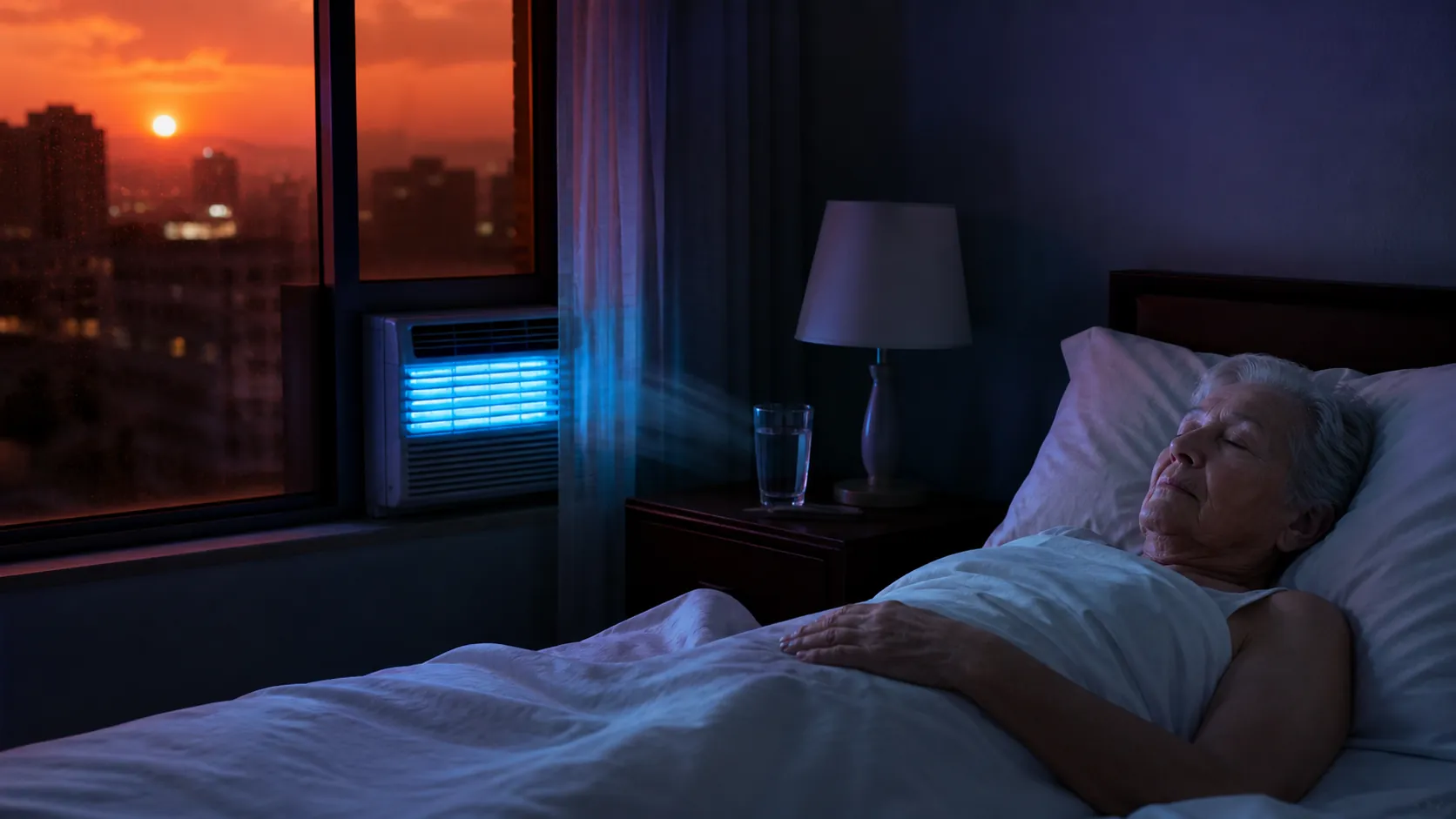 Older adult sleeping in a cooled bedroom during a heat wave with a window air conditioner and water on the nightstand