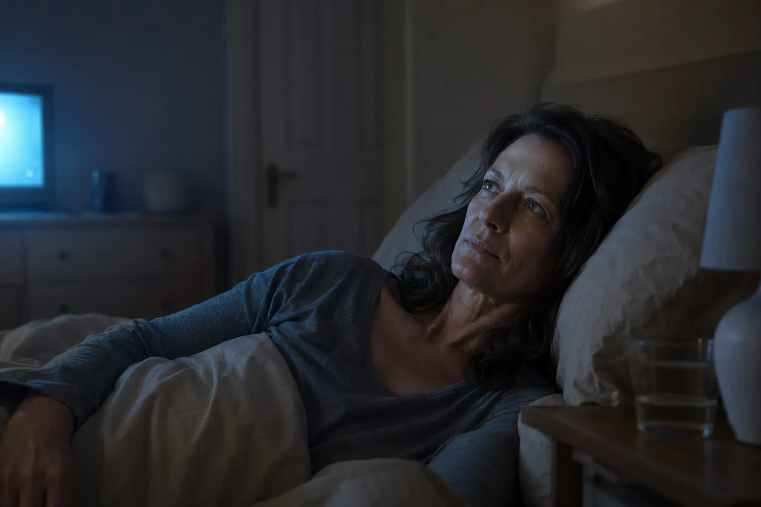 A woman lying awake in a dim bedroom after screen exposure, looking alert and unsettled