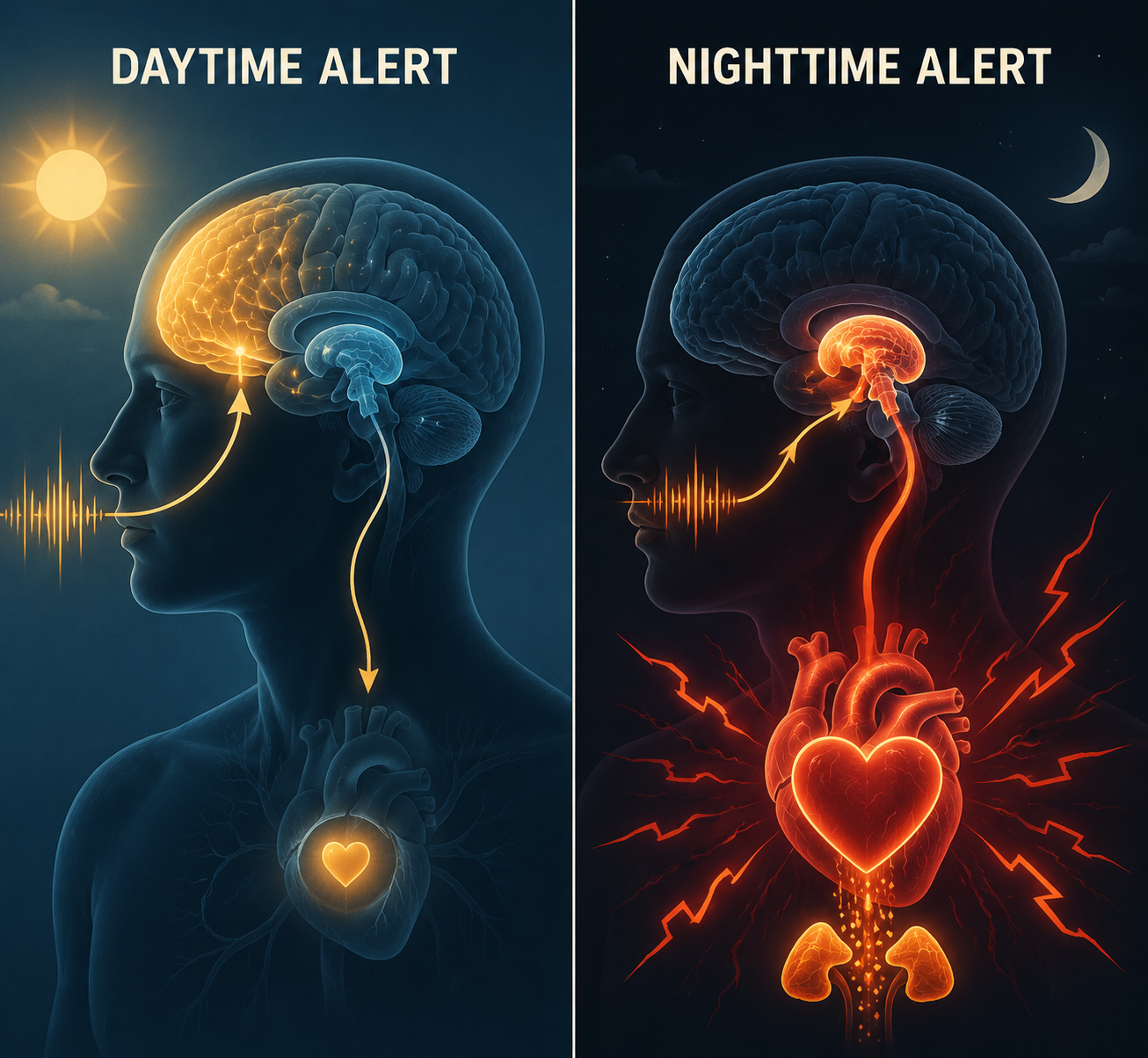 Comparison graphic showing an awake brain down-regulating an alert and a sleeping brain reacting with stronger heart and adrenal activation