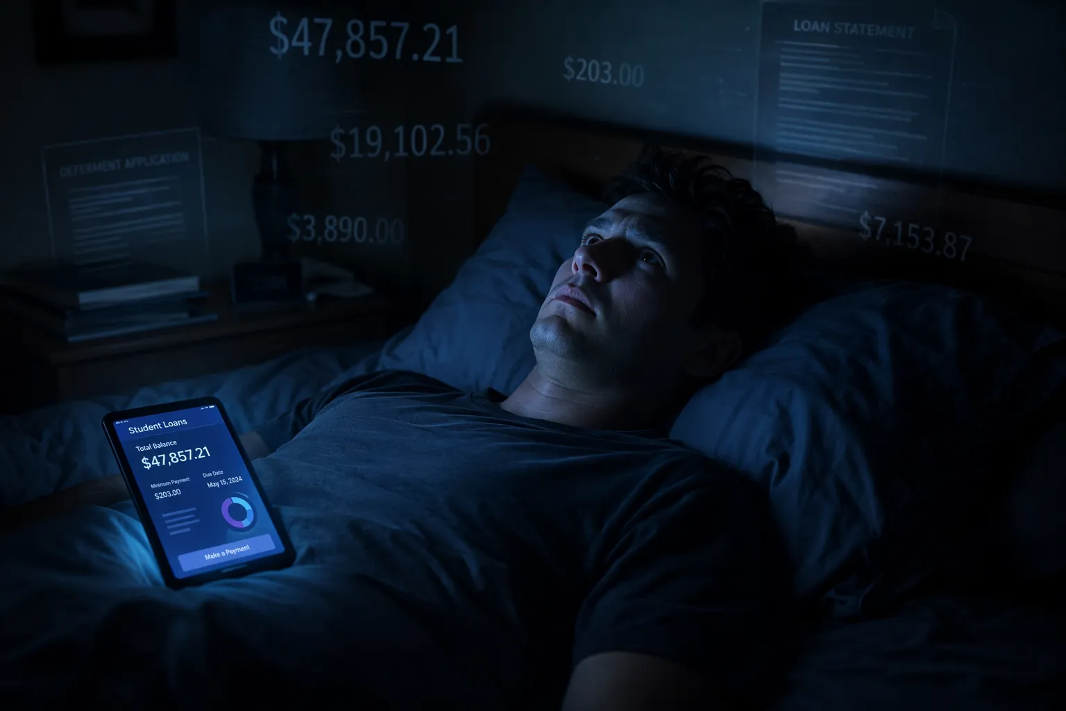 A person lying awake in a dark bedroom while a smartphone displays a student loan dashboard