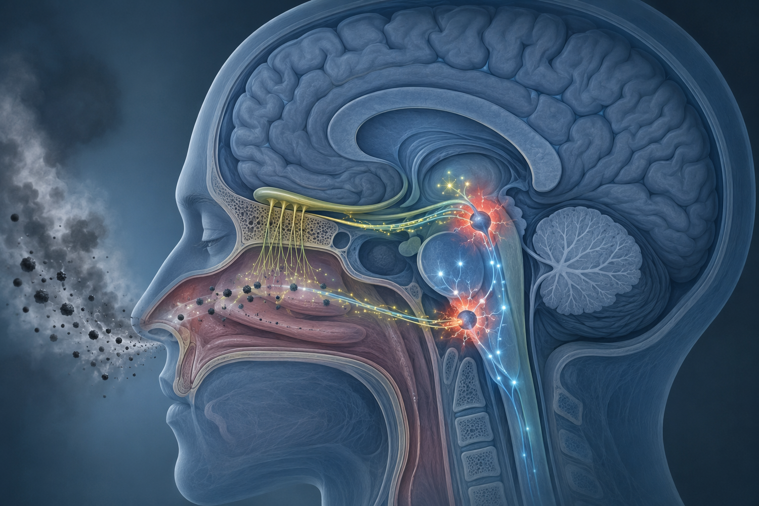 Sagittal head illustration showing ultrafine particles crossing the cribriform plate toward sleep-regulating brain regions