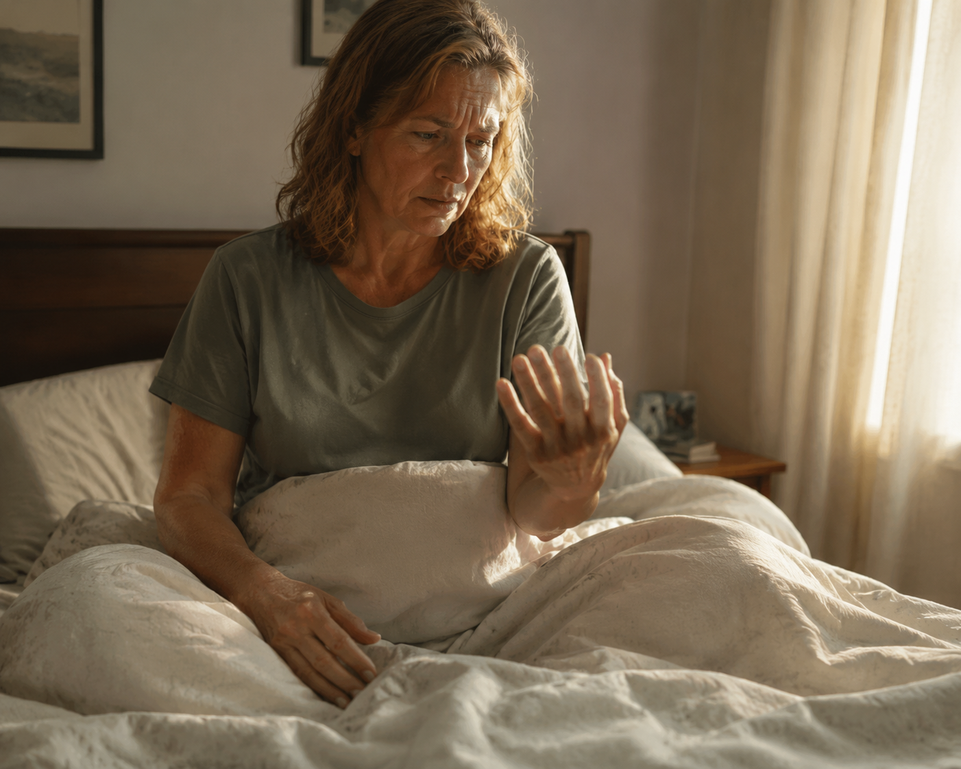 A person sits up in bed in morning light, looking confused as one arm rests limp against the bedsheet.