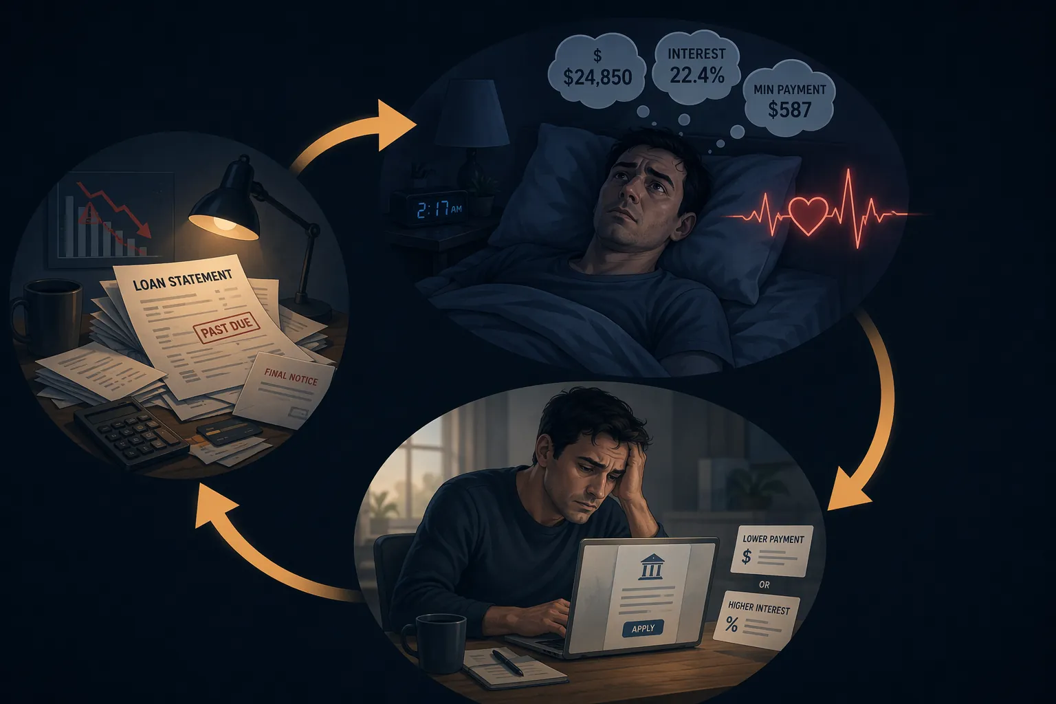 Diagram of financial stress leading to nighttime wakefulness and next-day difficulty with loan decisions