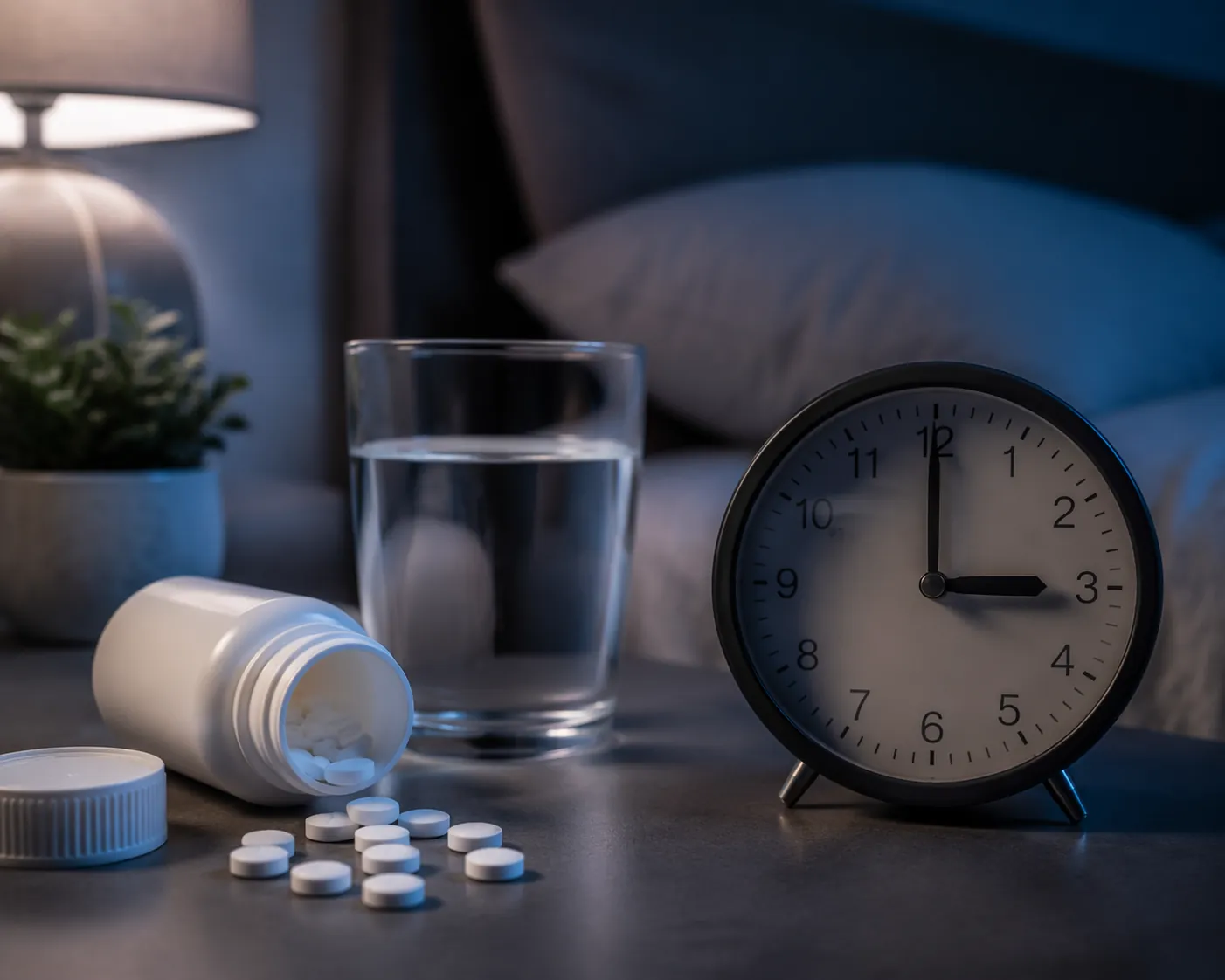 Bottle of white tablets beside a bedside glass of water and an alarm clock showing 3:00 AM