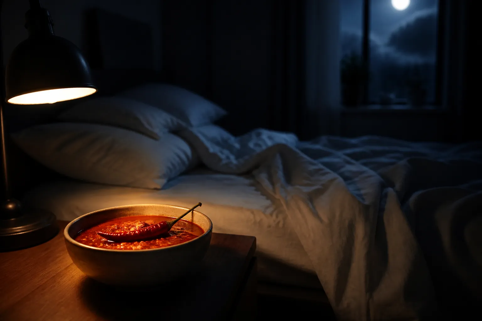 A bowl of spicy red chili stew on a bedside table beside a disturbed bed at night