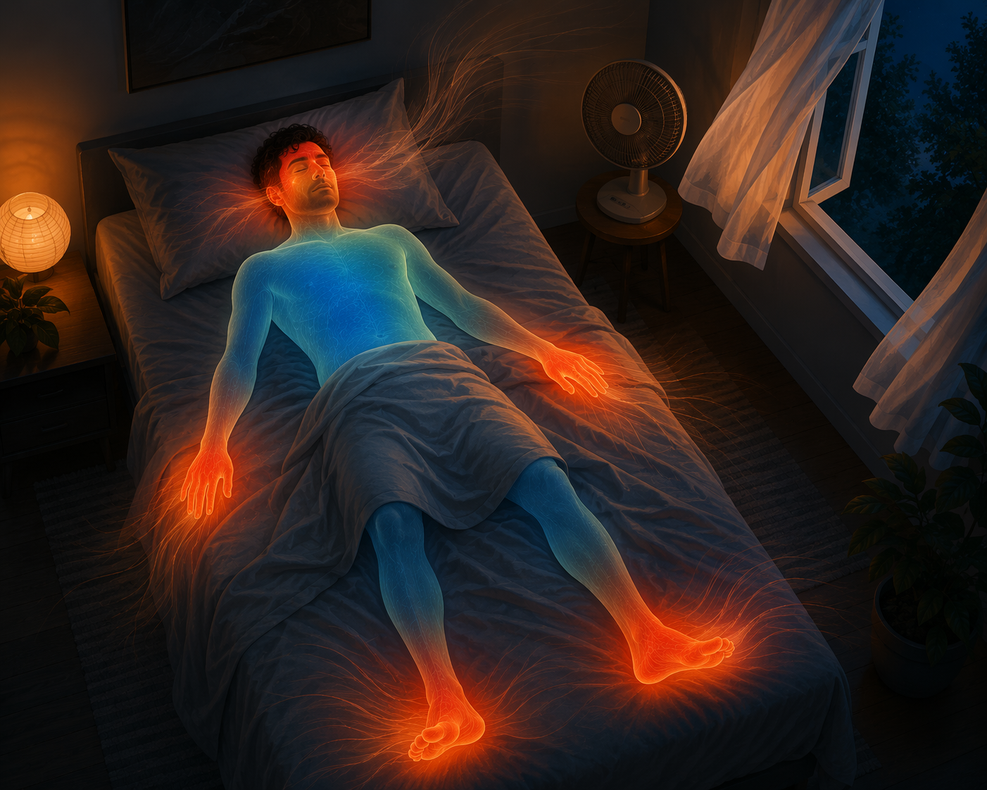 Sleeping figure showing heat leaving the hands, feet, and face in a warm bedroom