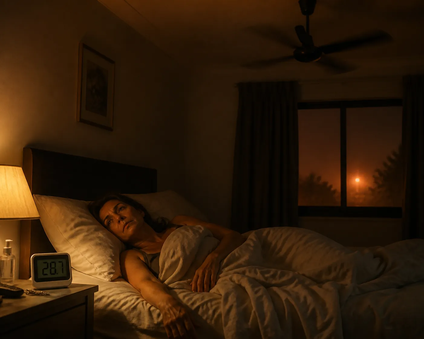 Woman lying awake in a warm bedroom during a hot night with a ceiling fan overhead and a high thermometer reading