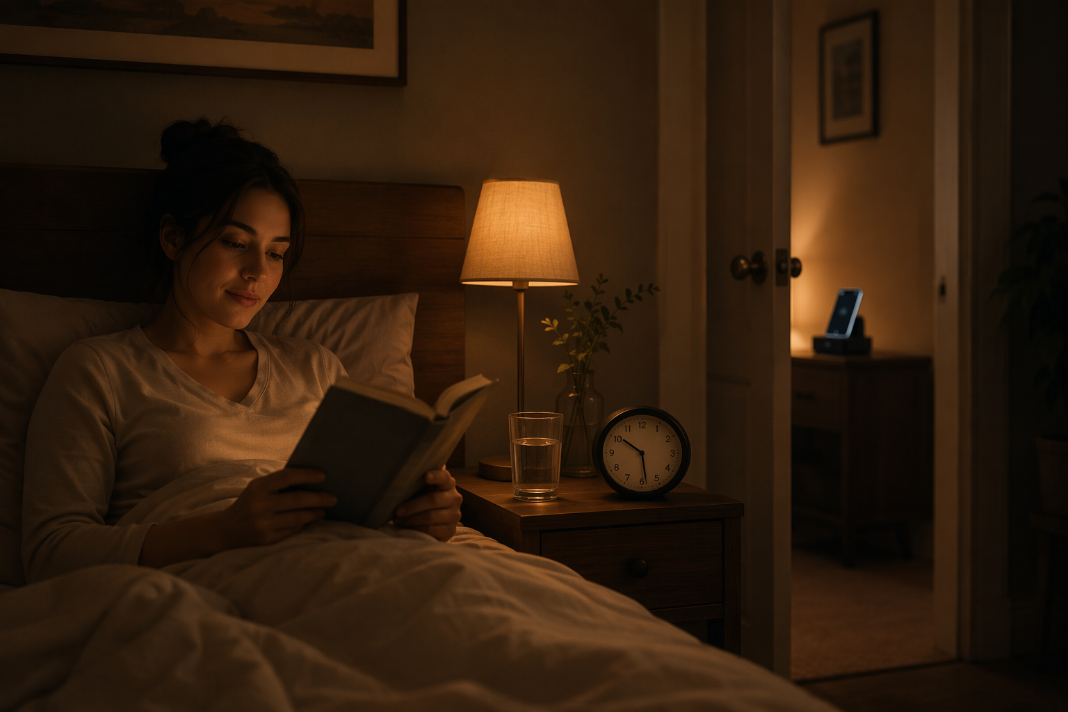 Calm bedroom with a person reading under warm lamplight while a phone charges outside the room