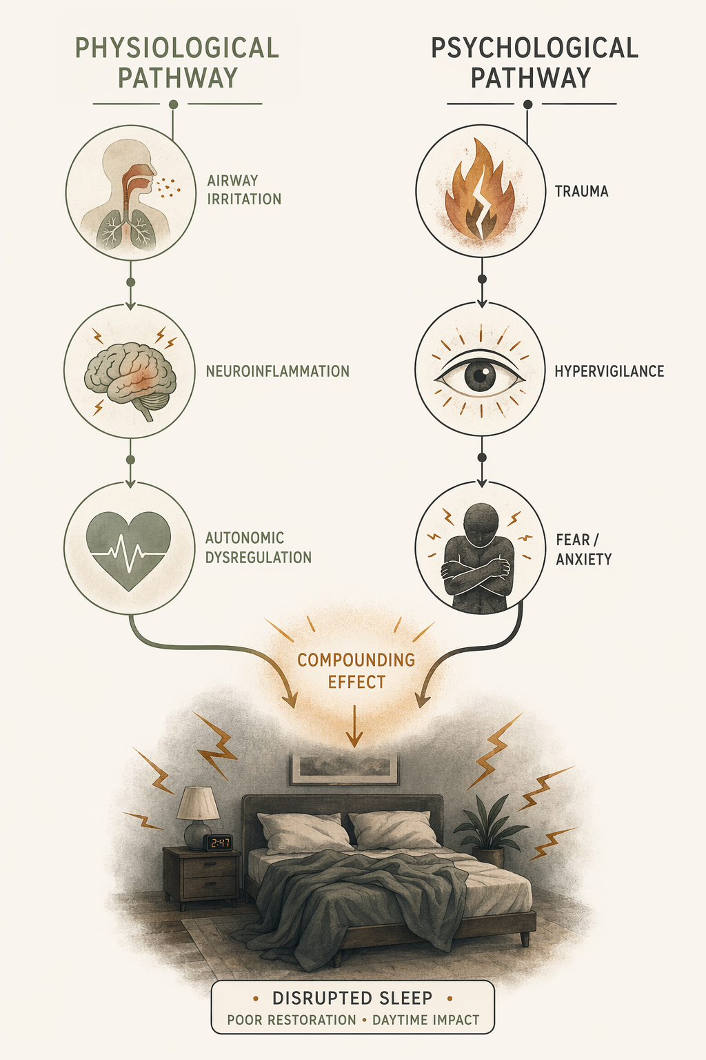 Diagram showing physiological and psychological wildfire smoke pathways converging into disrupted sleep