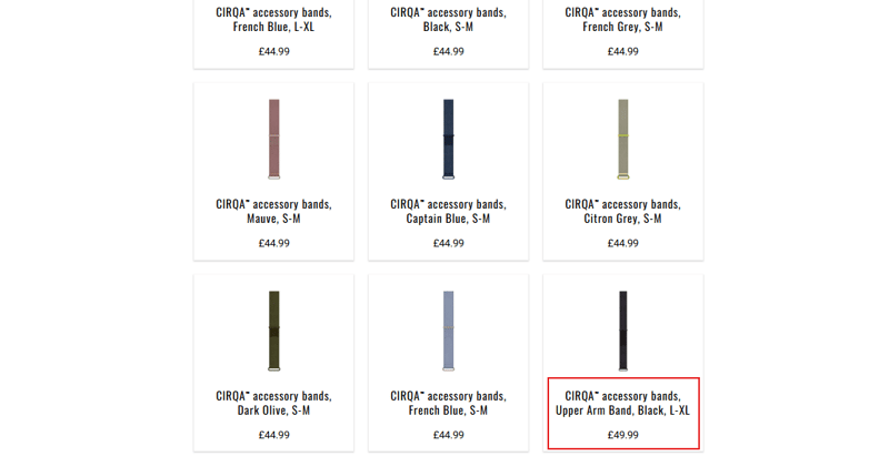 Garmin CIRQA wrist band and upper-arm band configurations shown side by side