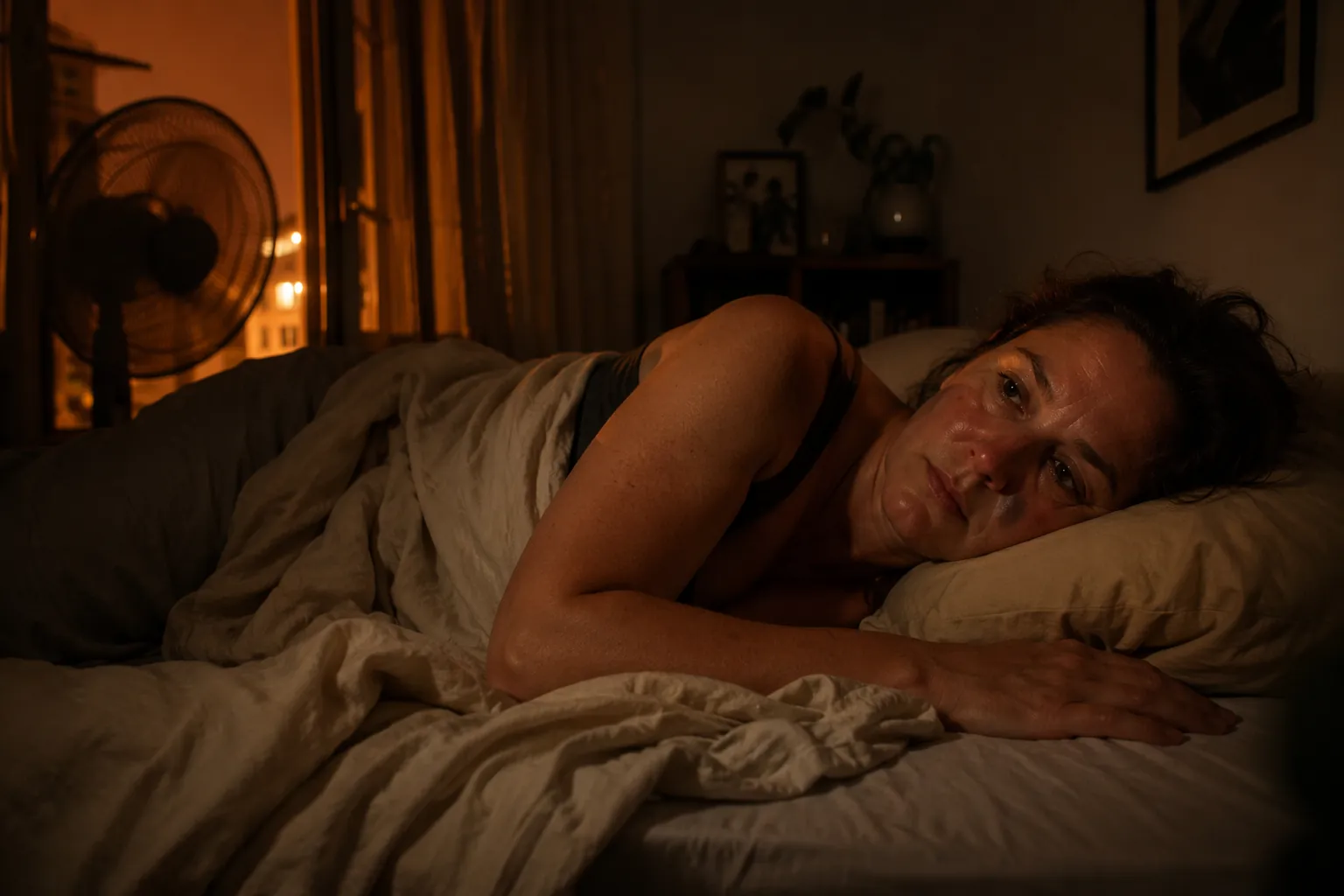 Middle-aged woman awake in a hot bedroom with tangled sheets and a fan nearby