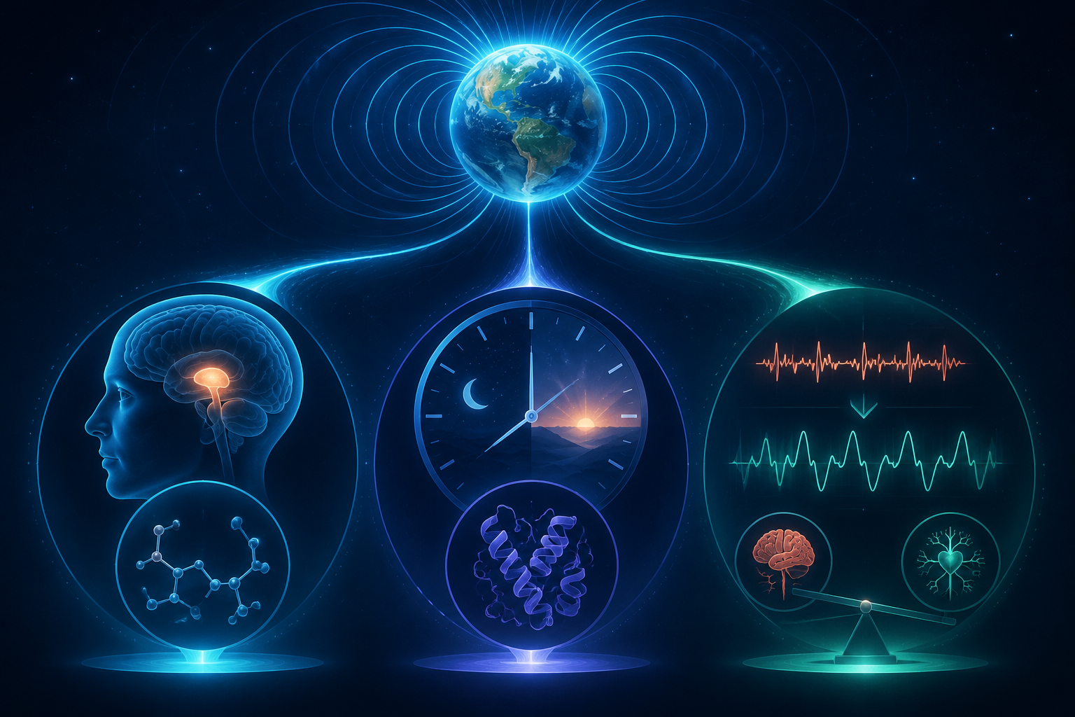 Illustration of three possible pathways between geomagnetic activity and sleep: melatonin, circadian timing, and heart rate variability