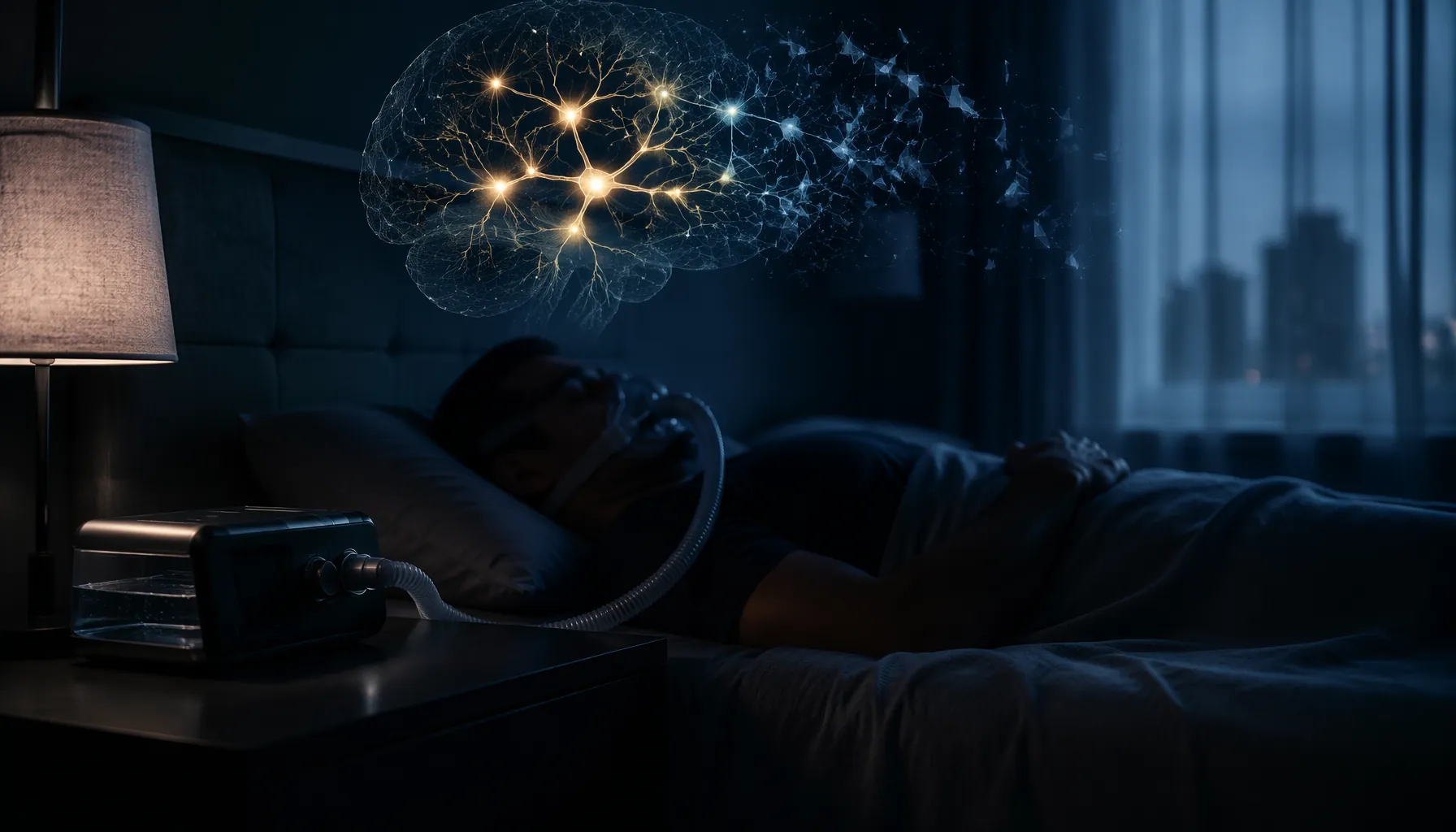 A large athletic figure asleep beside a CPAP machine with abstract neural pathway shapes suggesting disrupted brain function during sleep
