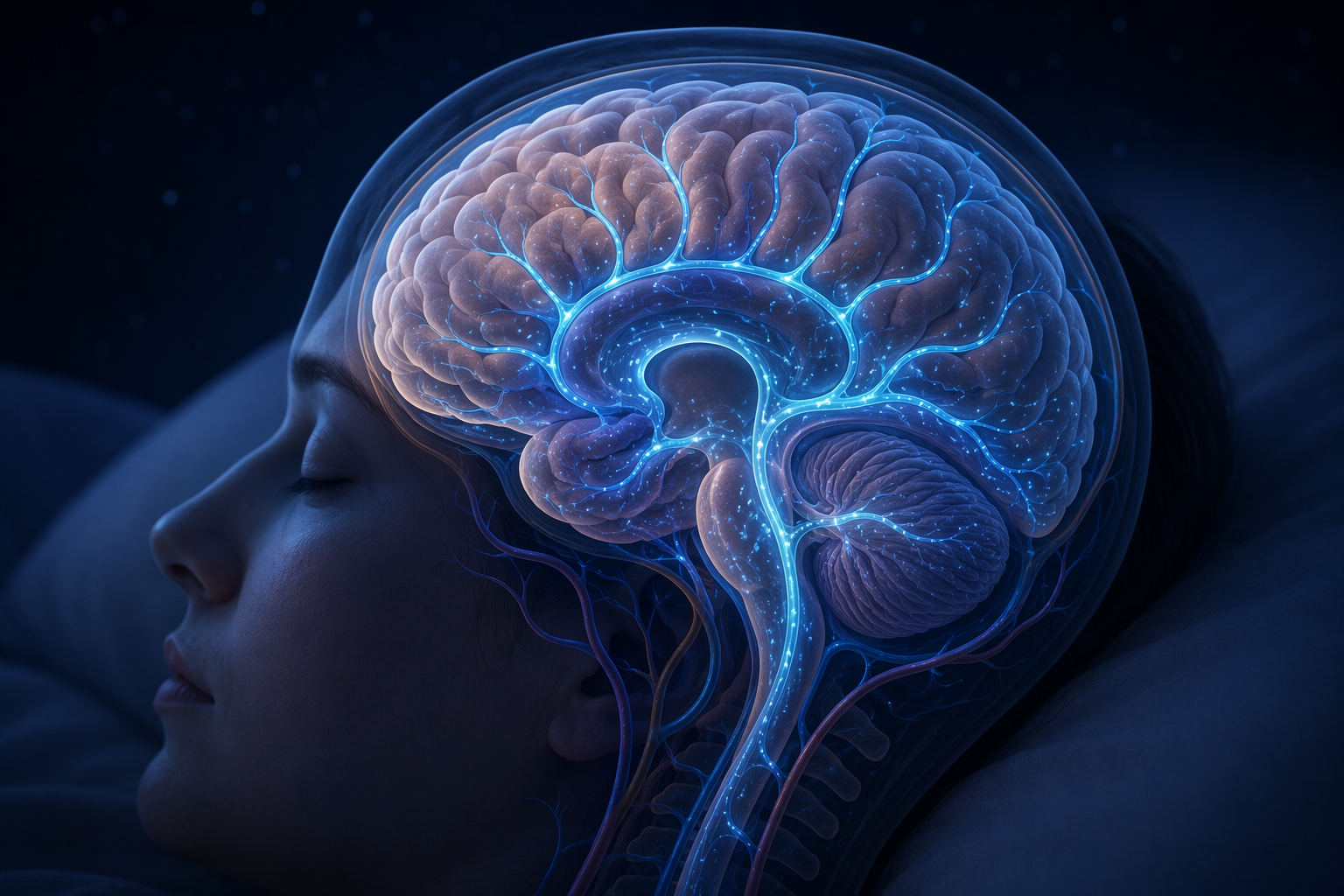 Brain at night with blue fluid pathways suggesting glymphatic clearance during deep NREM sleep