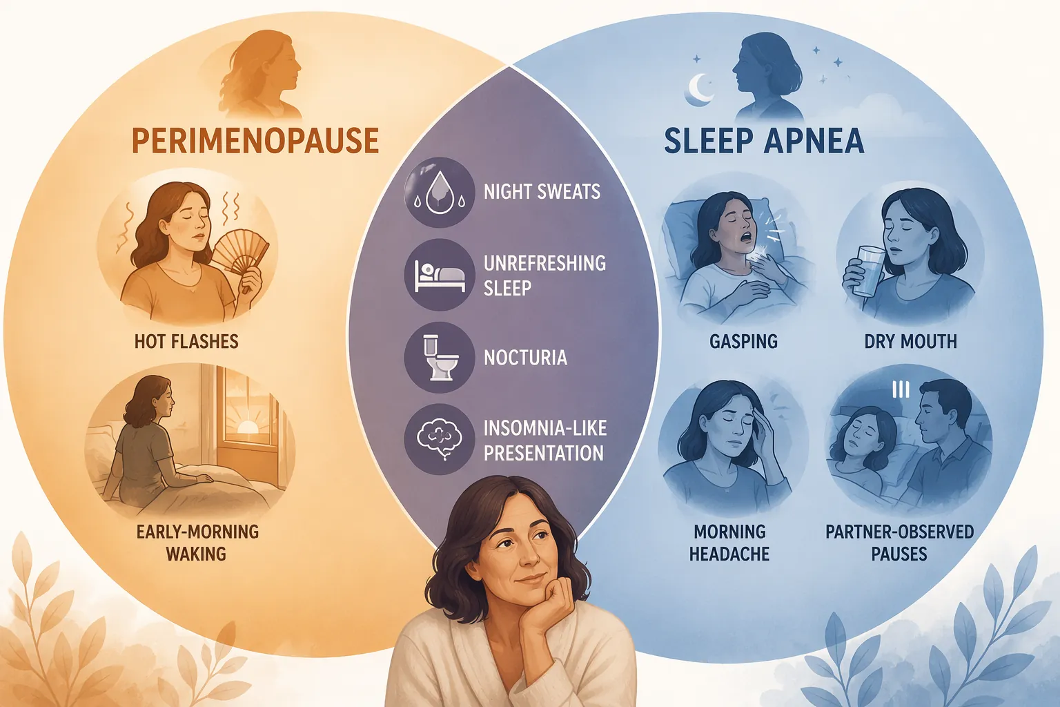 Venn diagram comparing perimenopause symptoms, sleep apnea symptoms, and overlapping symptoms