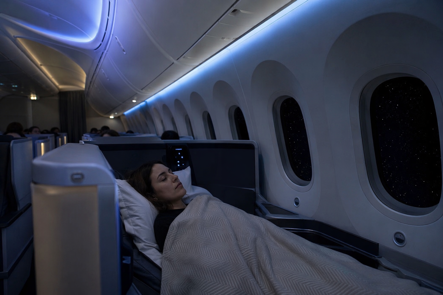 Dimly lit Boeing 787 Dreamliner cabin at night with blue LED lighting, tinted windows, and a sleeping passenger