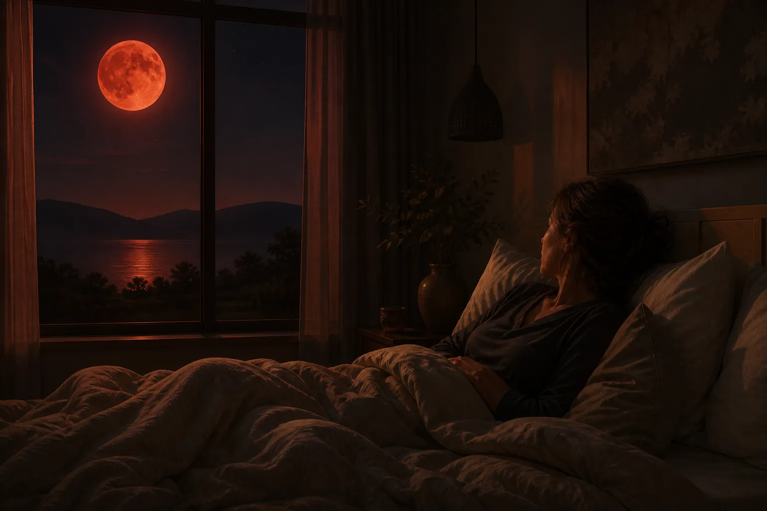A woman lies awake in a dim bedroom while a deep red blood moon glows outside the window